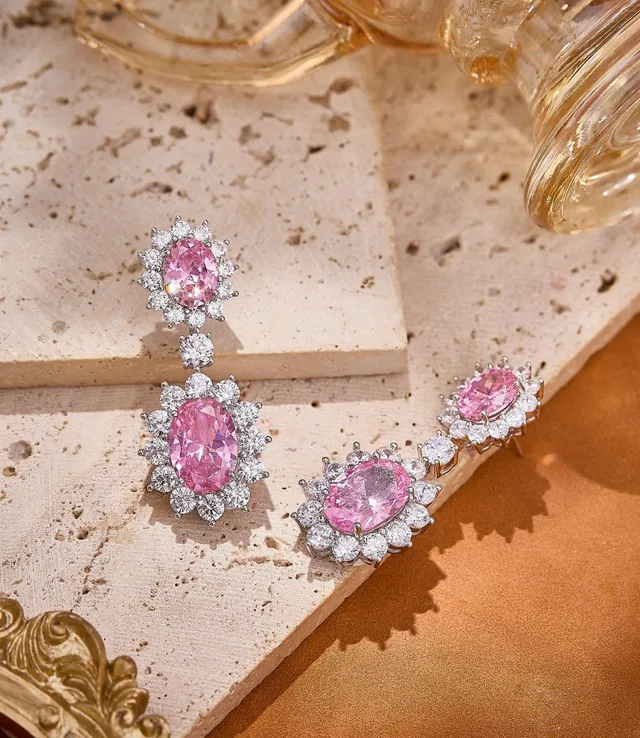 Pink Oval Gemstone Double-Drop Halo Earrings 5