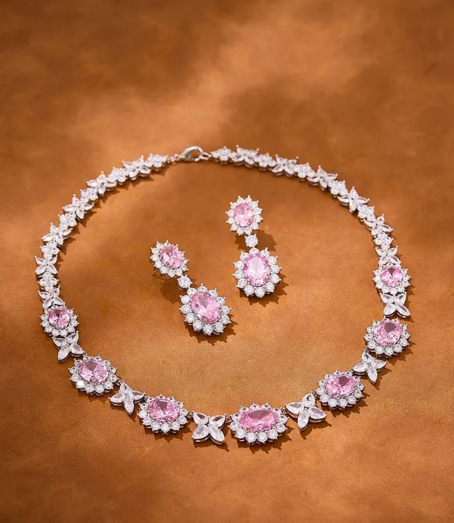 Pink Oval Gemstone Double-Drop Halo Earrings 6