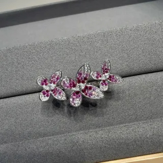 Pink White Three-Flower Cluster Pavé-Set Gemstones Ring