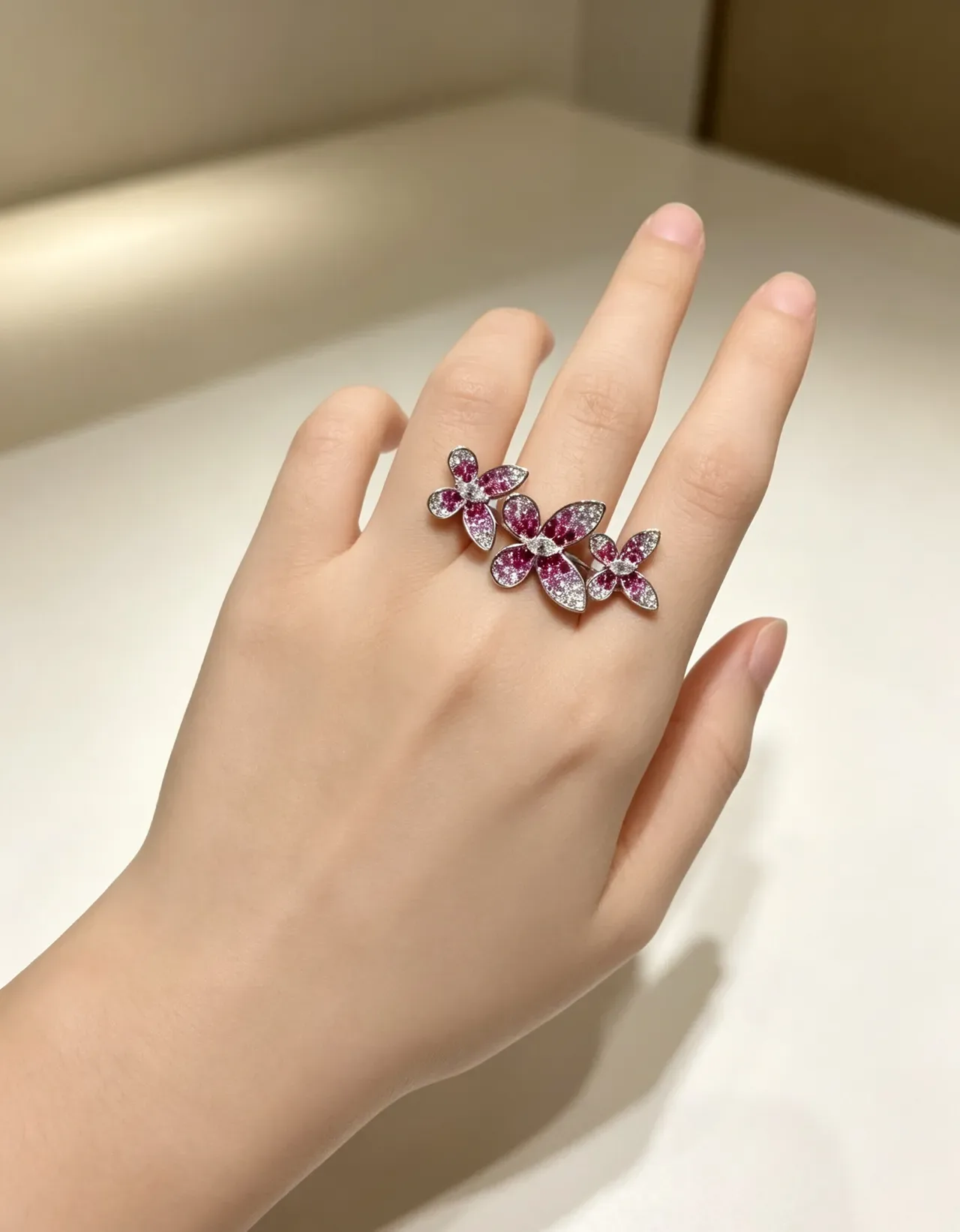 Pink White Three-Flower Cluster Pavé-Set Gemstones Ring 2