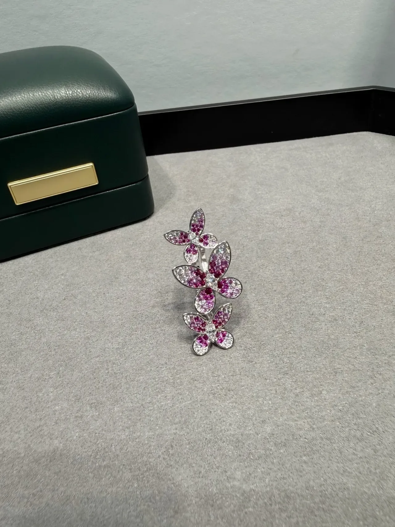 Pink White Three-Flower Cluster Pavé-Set Gemstones Ring 7