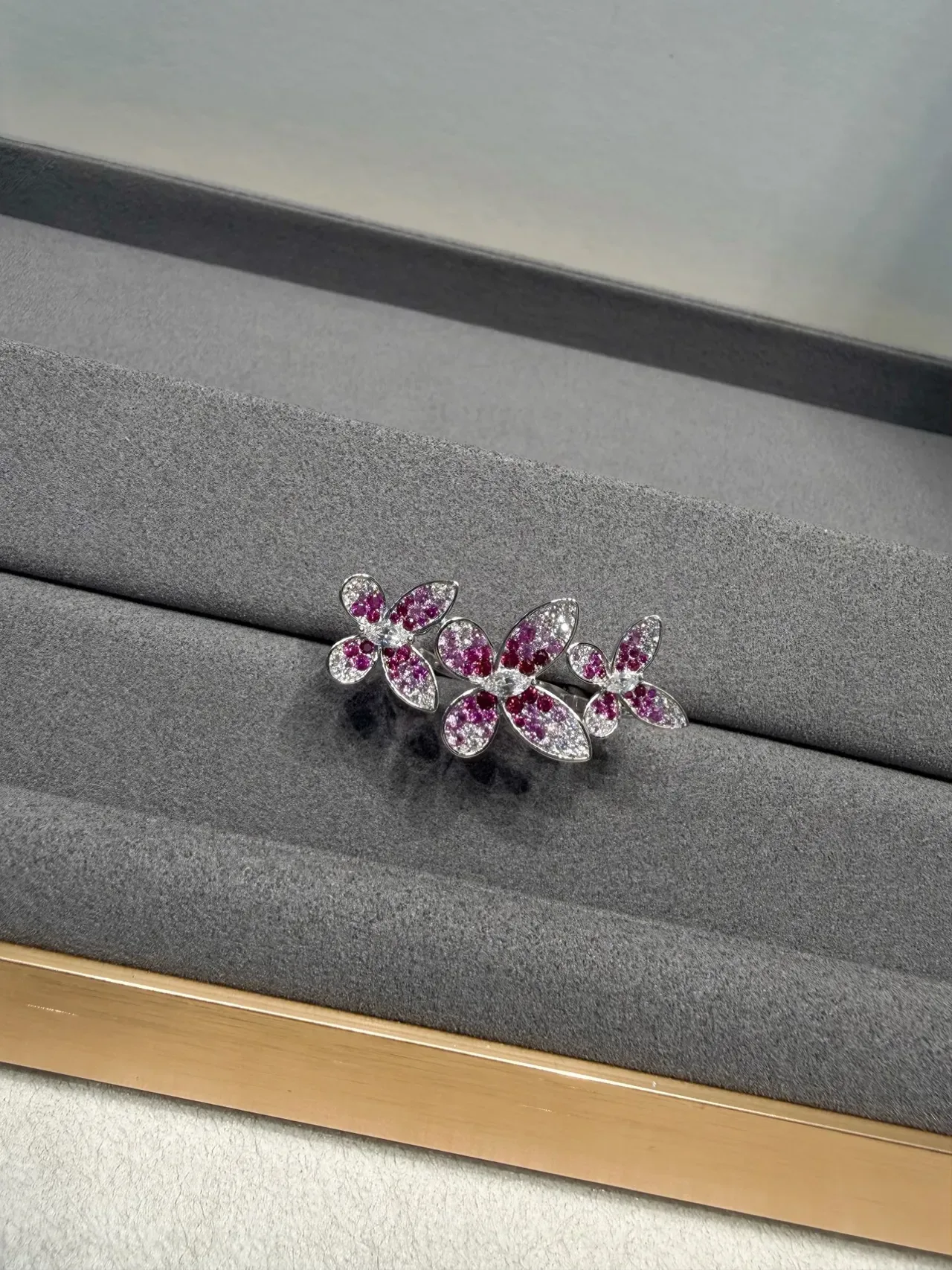 Pink White Three-Flower Cluster Pavé-Set Gemstones Ring 9