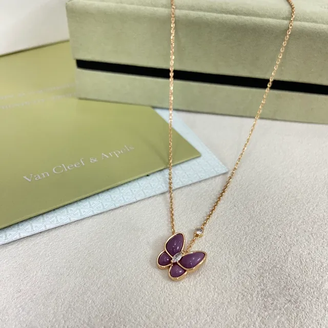 Purple Gold Butterfly Pendant Enamel Necklace 3