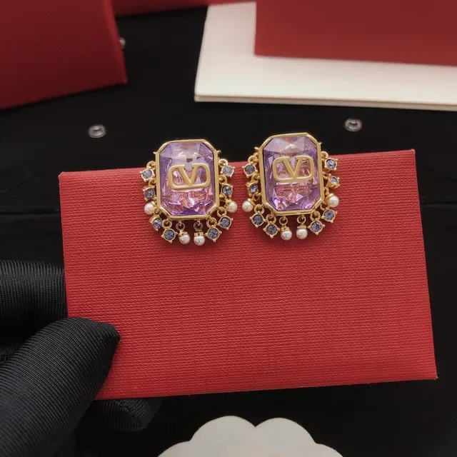 Purple Gold Faceted Rectangular Stone Setting Earrings 6