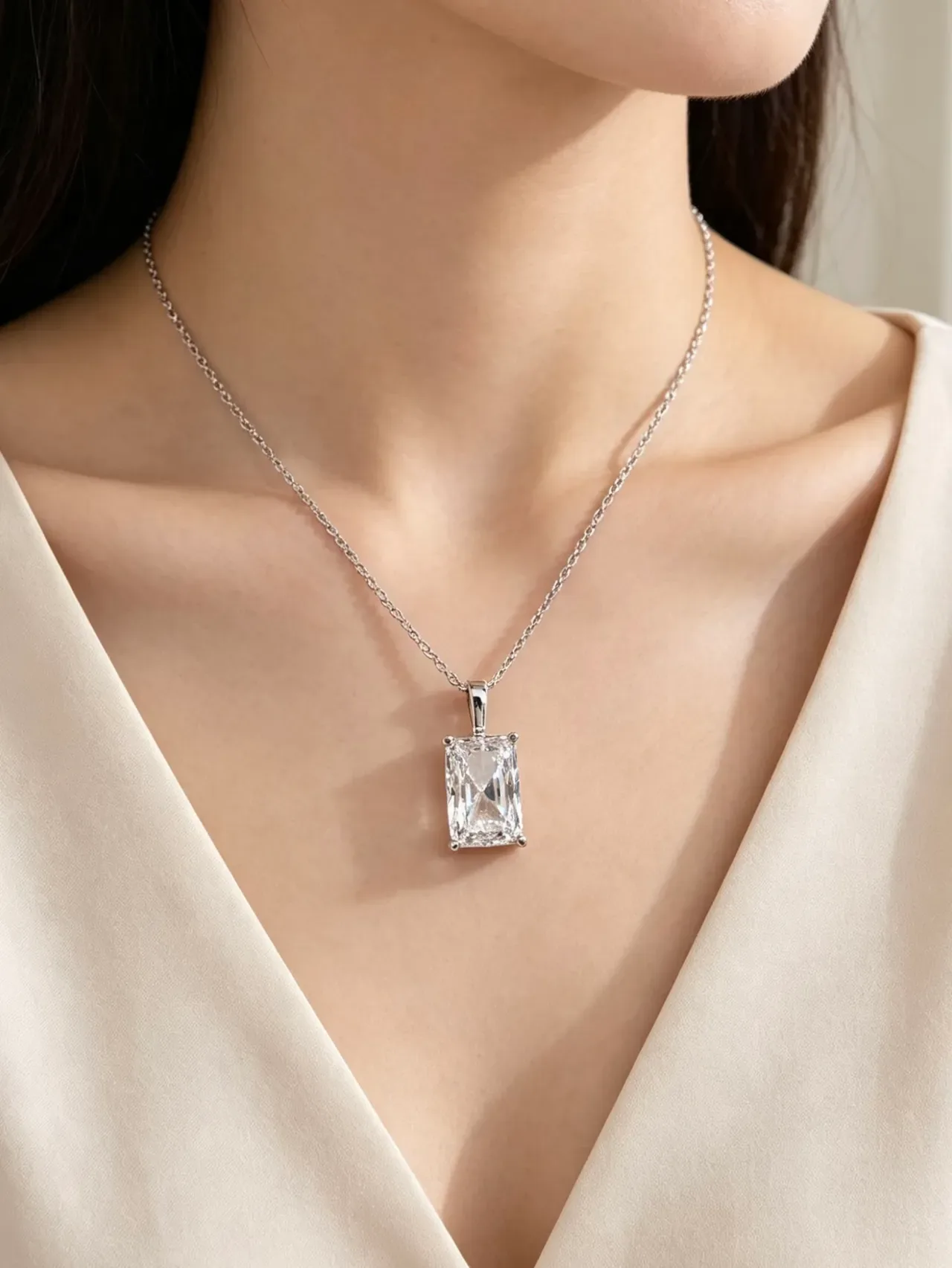 Rectangular Emerald-Cut Faceted Stone Pendant Necklace 2