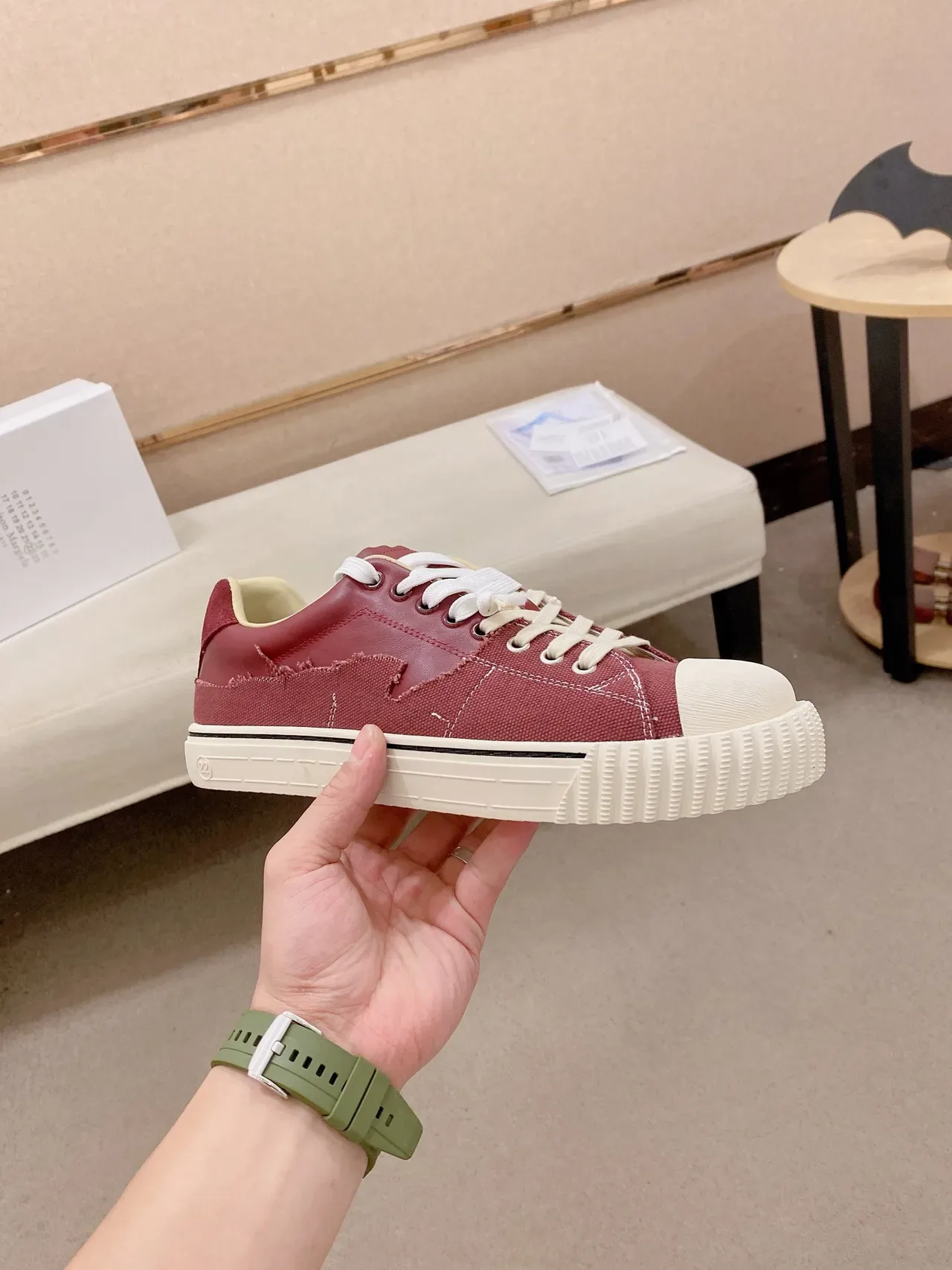 Red Canvas Distressed Patch Platform Sneaker 4