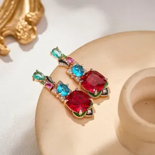 Red Multicolor Multi-Gemstone Cushion-Cut Focal Stone Earrings