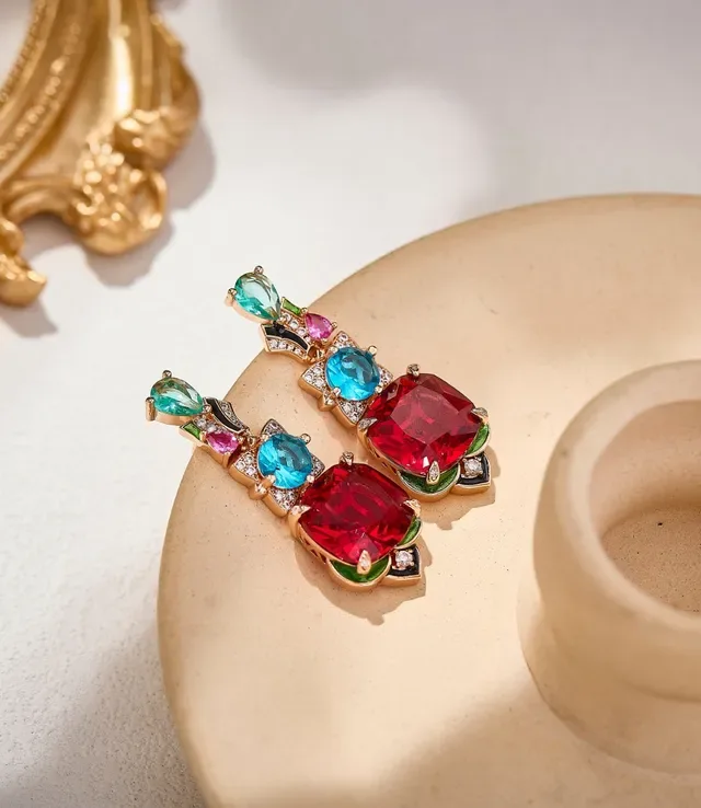 Red Multicolor Multi-Gemstone Cushion-Cut Focal Stone Earrings 1