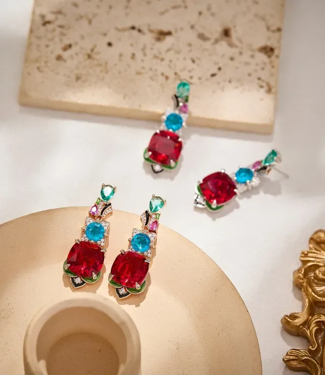 Red Multicolor Multi-Gemstone Cushion-Cut Focal Stone Earrings 6
