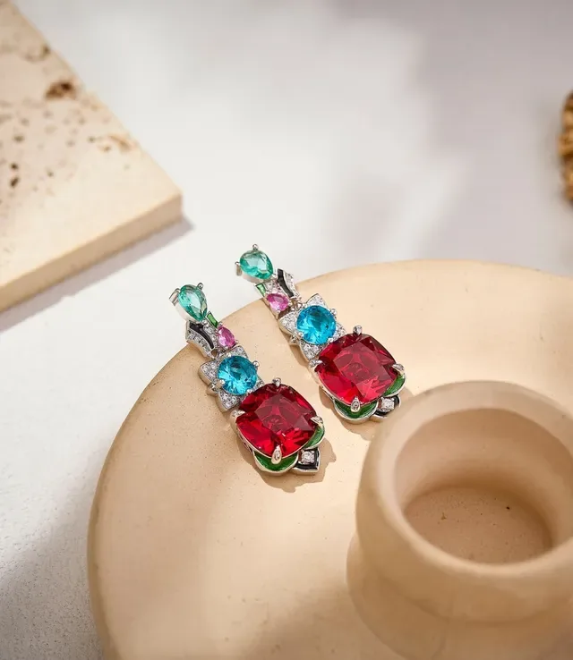 Red Multicolor Multi-Gemstone Cushion-Cut Focal Stone Earrings 7