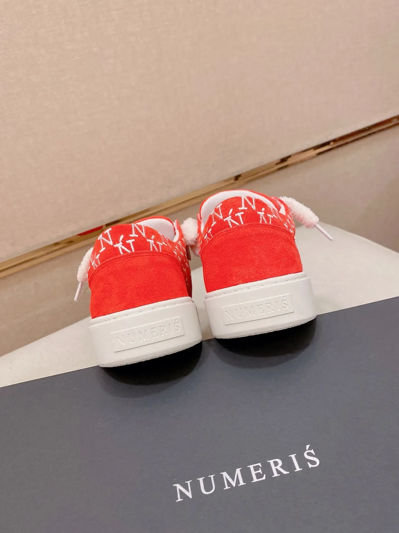 Red White Suede Upper Fluffy Strap Sneakers 3