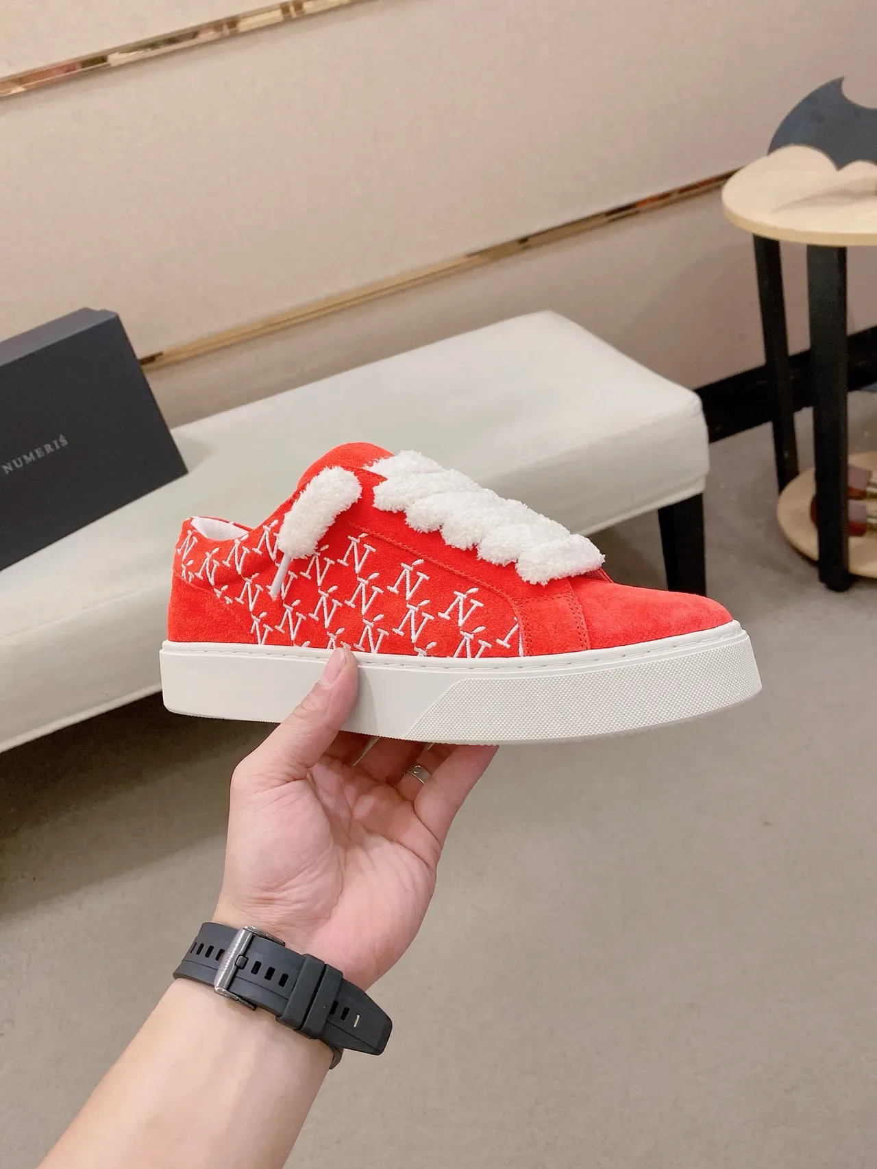 Red White Suede Upper Fluffy Strap Sneakers 5
