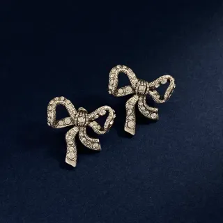 Rhinestone-Encrusted Bow-Shaped Antique Silver Earrings