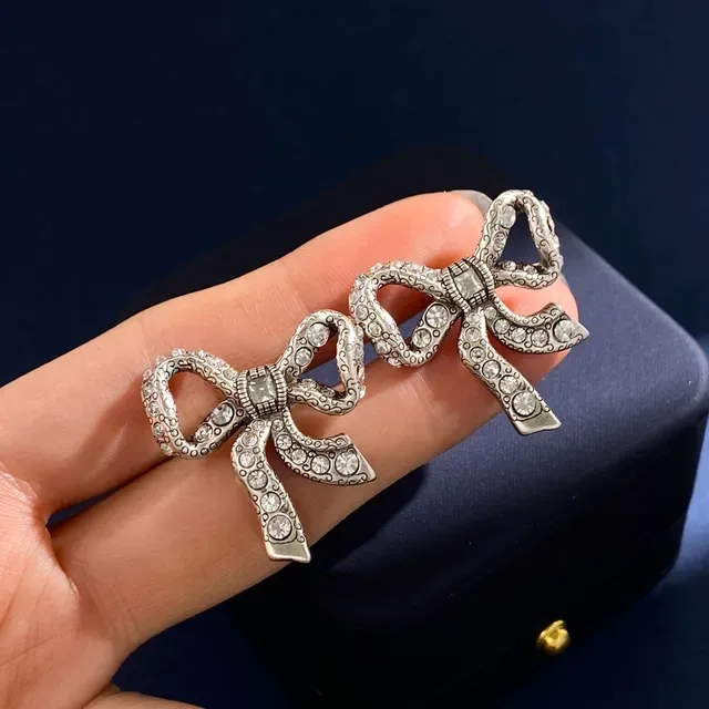 Rhinestone-Encrusted Bow-Shaped Antique Silver Earrings 4