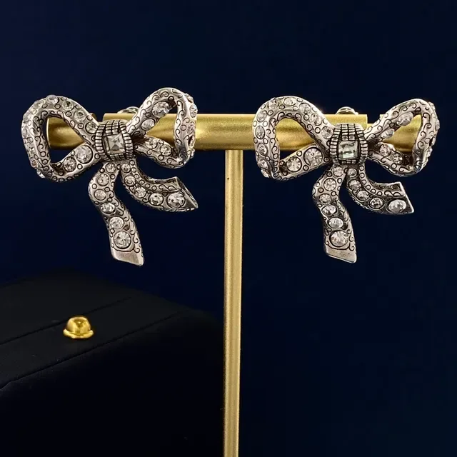Rhinestone-Encrusted Bow-Shaped Antique Silver Earrings 6