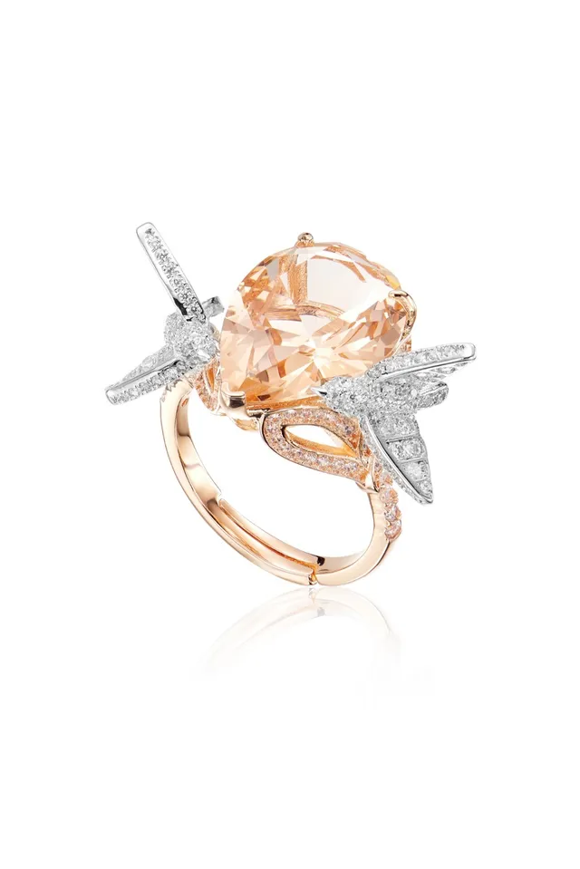 Rose Gold and White Metal Wing-Prong Peach Gemstone Ring 2