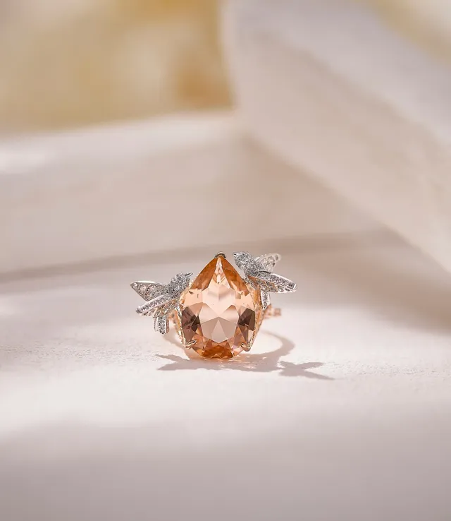 Rose Gold and White Metal Wing-Prong Peach Gemstone Ring 3