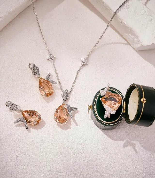 Rose Gold and White Metal Wing-Prong Peach Gemstone Ring 4