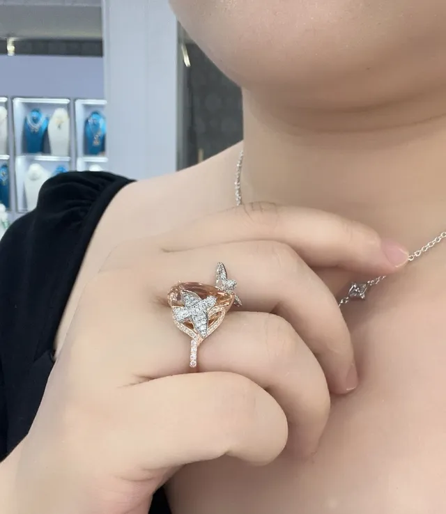 Rose Gold and White Metal Wing-Prong Peach Gemstone Ring 6