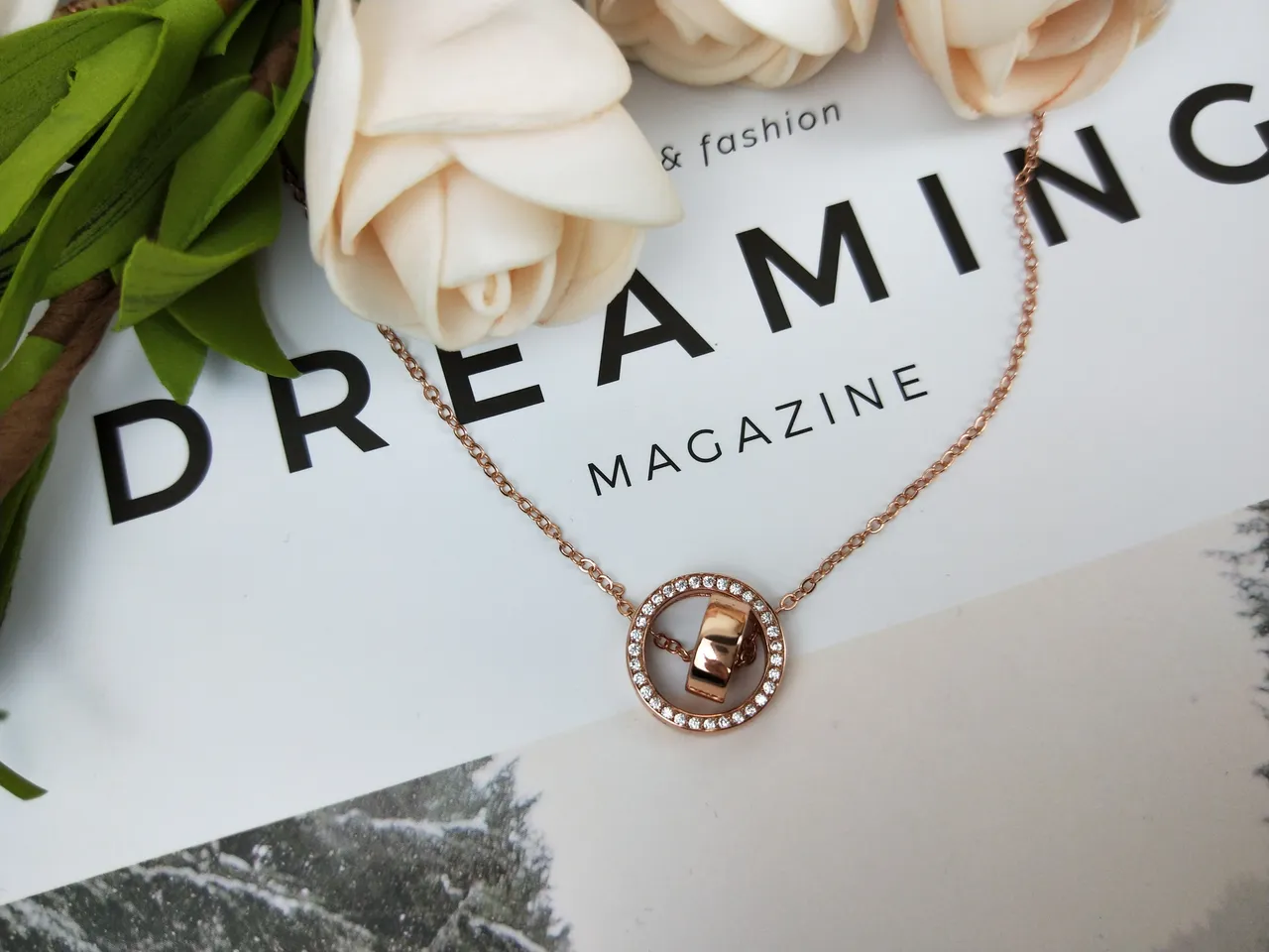 Rose Gold Pavé Circle Rotating Ring Necklace 2