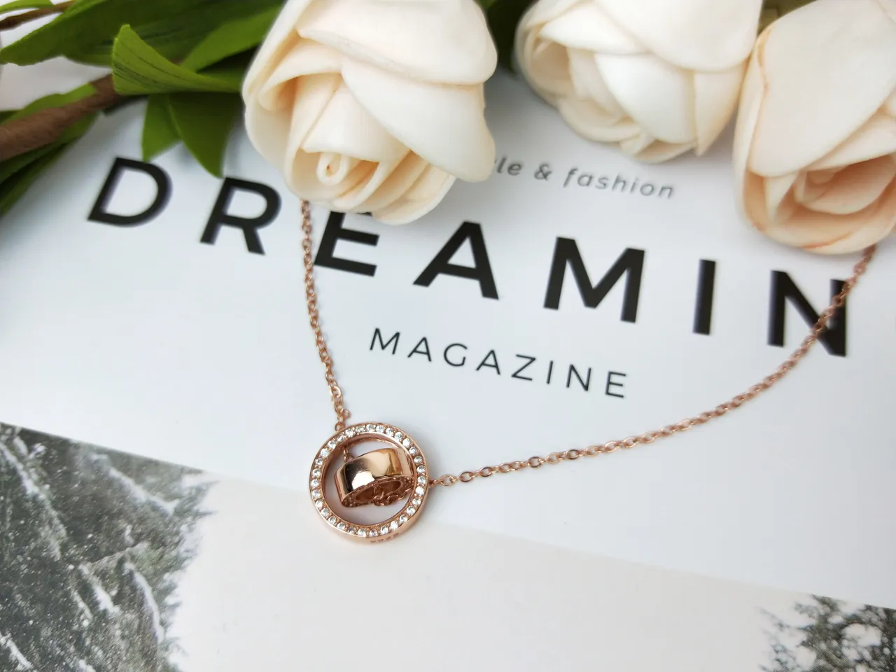 Rose Gold Pavé Circle Rotating Ring Necklace 3