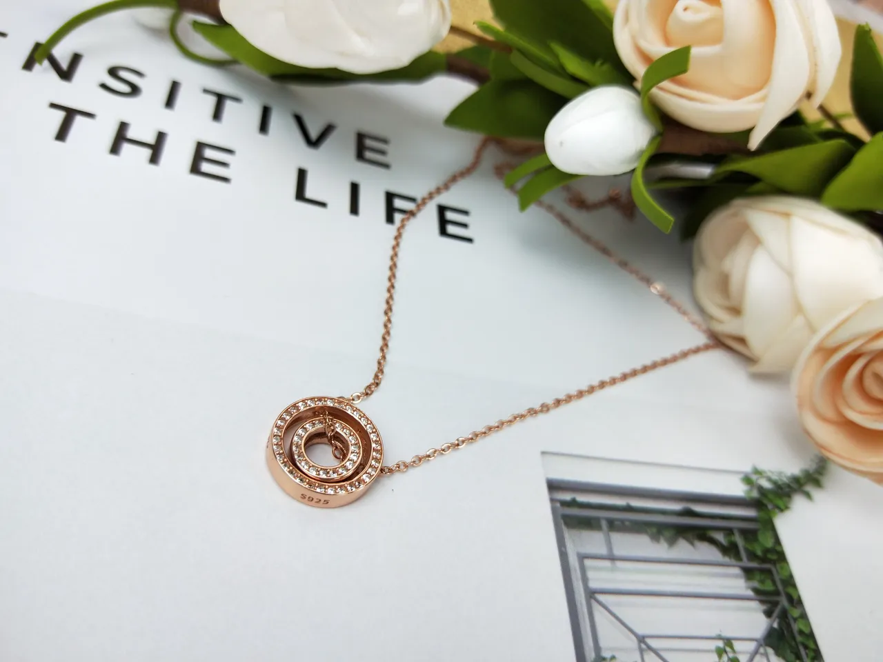 Rose Gold Pavé Circle Rotating Ring Necklace 8