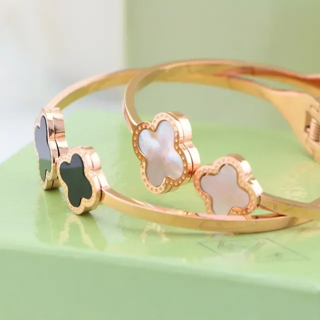 Rose Gold-Tone Clover Inlay Hinged Bangle Bracelets 2