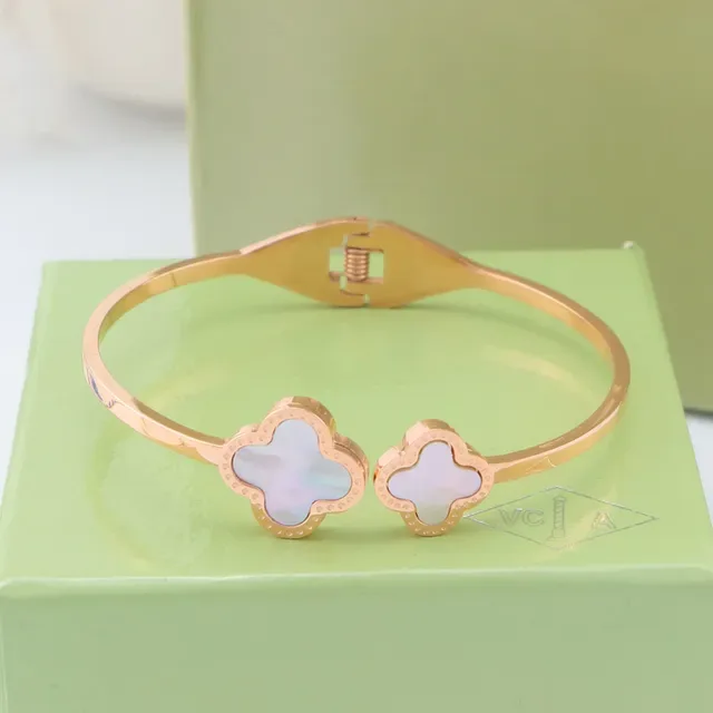 Rose Gold-Tone Clover Inlay Hinged Bangle Bracelets 3
