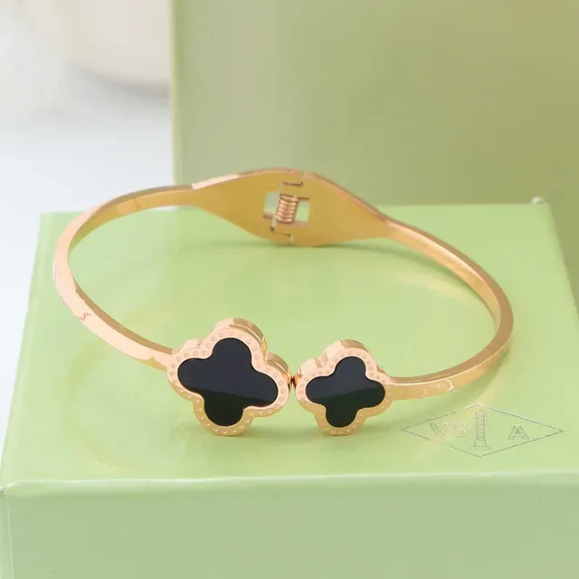 Rose Gold-Tone Clover Inlay Hinged Bangle Bracelets 4