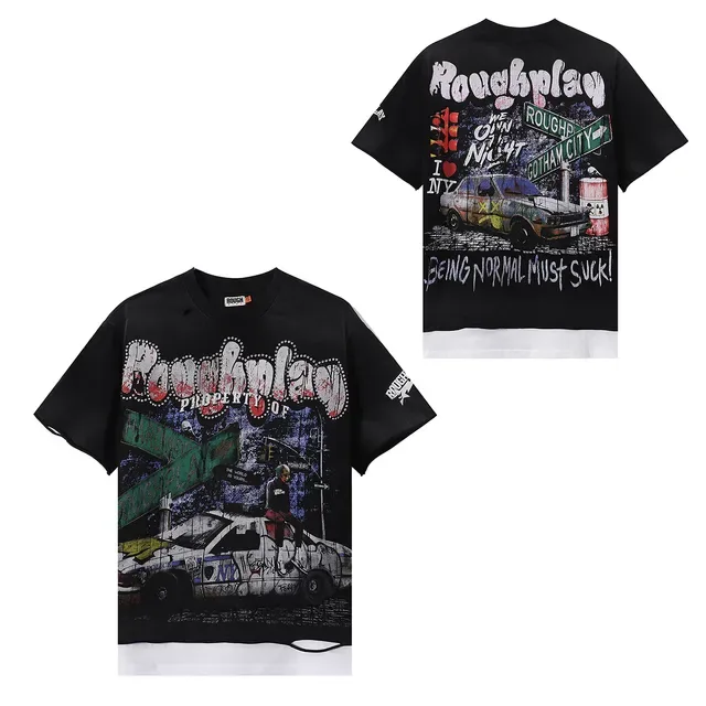 ROUGH Distressed Graphic-Print Oversized Black T-Shirt 2