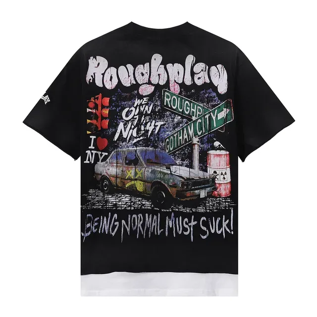 ROUGH Distressed Graphic-Print Oversized Black T-Shirt 3