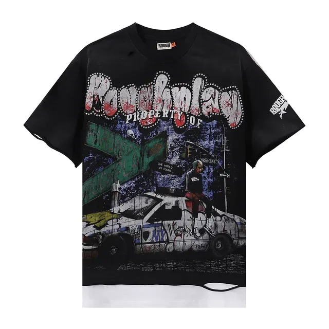 ROUGH Distressed Graphic-Print Oversized Black T-Shirt 4
