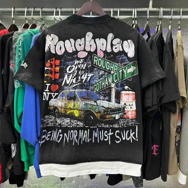 ROUGH Distressed Graphic-Print Oversized Black T-Shirt 5