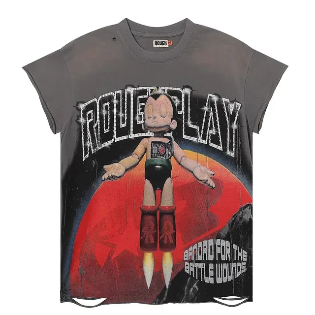 ROUGH Graphic Print Distressed Gray T-Shirt 3