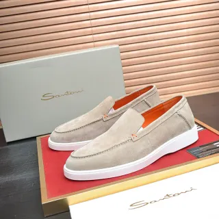 Santoni 米色橙色麂皮鞋面 白色橡胶鞋底 乐福鞋