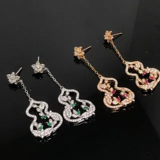 Silver and Gold Tone Floral-Stud Gourd Pendant Earrings