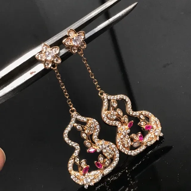 Silver and Gold Tone Floral-Stud Gourd Pendant Earrings 4