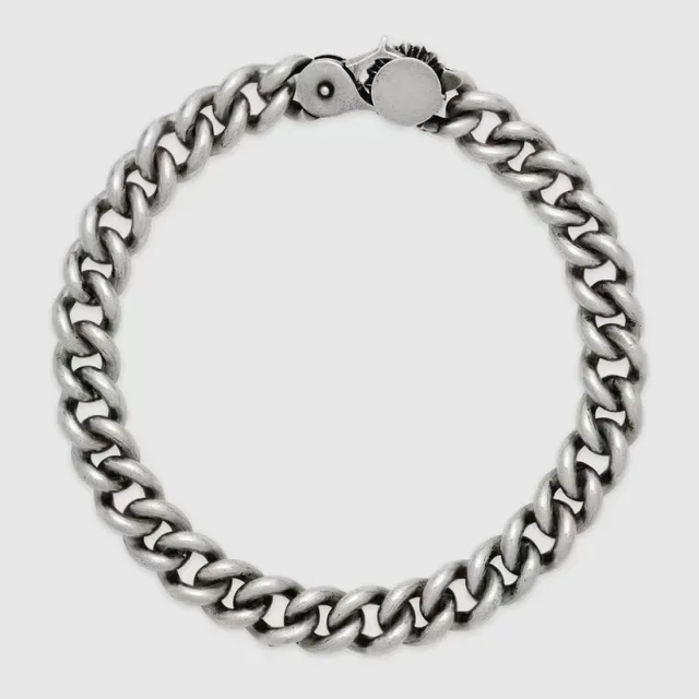 Silver Black Chunky Curb-Link Chain Floral Medallion Clasp Bracelet 2