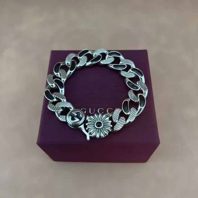 Silver Black Chunky Curb-Link Chain Floral Medallion Clasp Bracelet 4