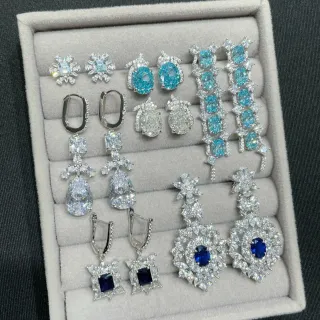 Silver Blue Ornate Crystal-Encrusted Earrings