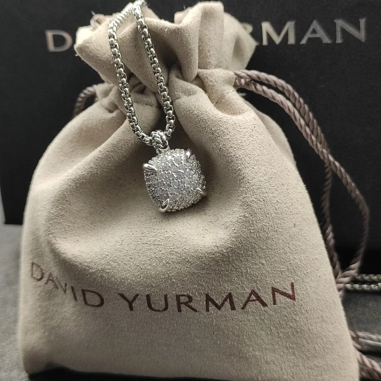 Silver Box Chain Textured Round Pendant Necklace 5
