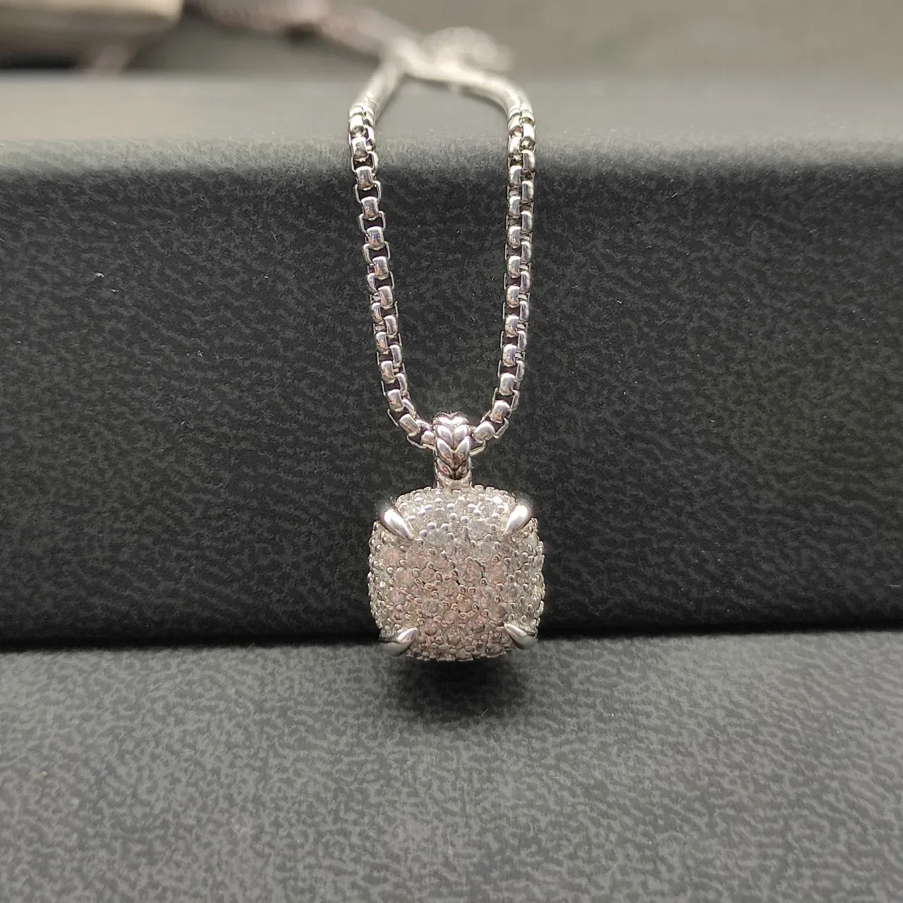 Silver Box Chain Textured Round Pendant Necklace 9