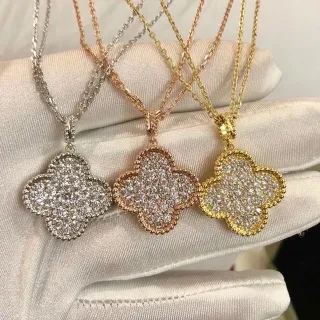 银金三叶草形吊坠 pave-set 宝石项链