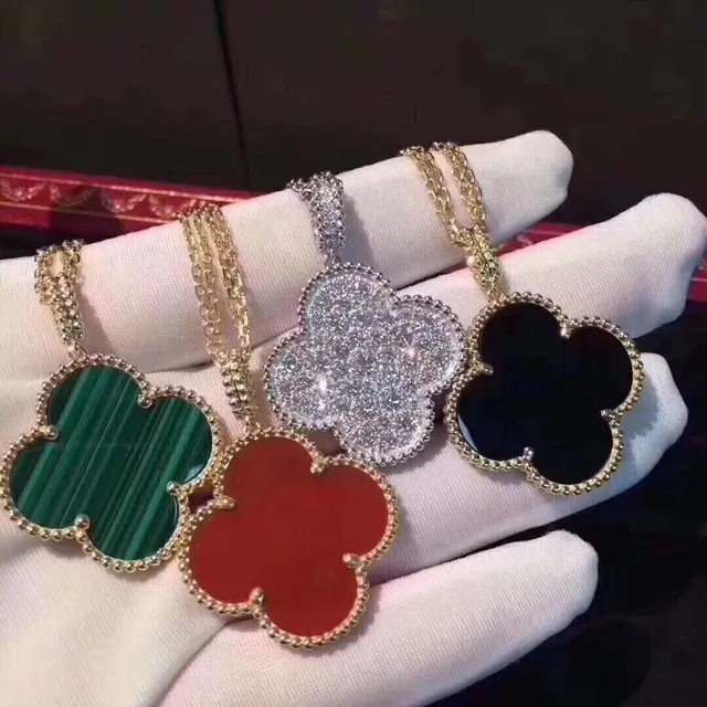 Silver Gold Clover-Shaped Pendant Pave-Set Stones Necklace 3
