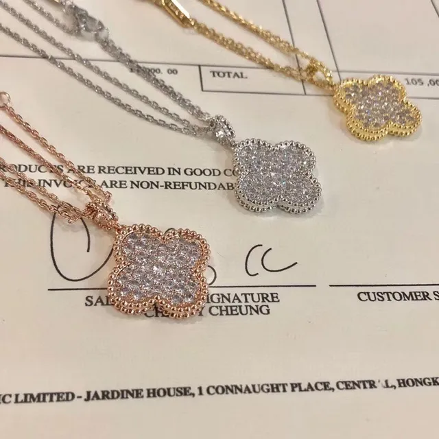 Silver Gold Clover-Shaped Pendant Pave-Set Stones Necklace 4