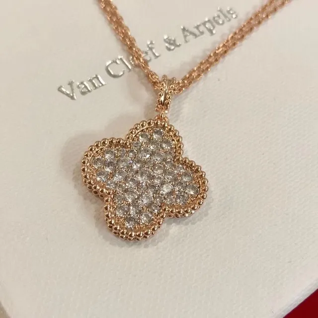 Silver Gold Clover-Shaped Pendant Pave-Set Stones Necklace 6