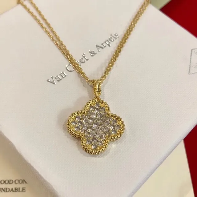 Silver Gold Clover-Shaped Pendant Pave-Set Stones Necklace 7