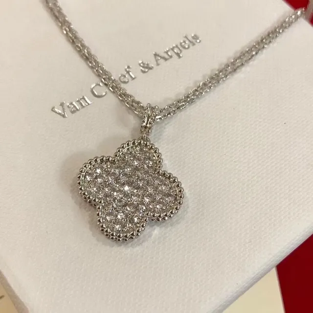 Silver Gold Clover-Shaped Pendant Pave-Set Stones Necklace 8