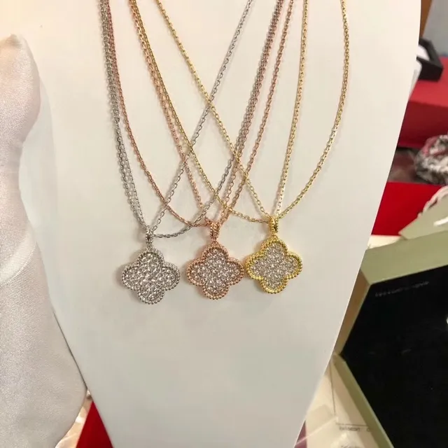 Silver Gold Clover-Shaped Pendant Pave-Set Stones Necklace 9
