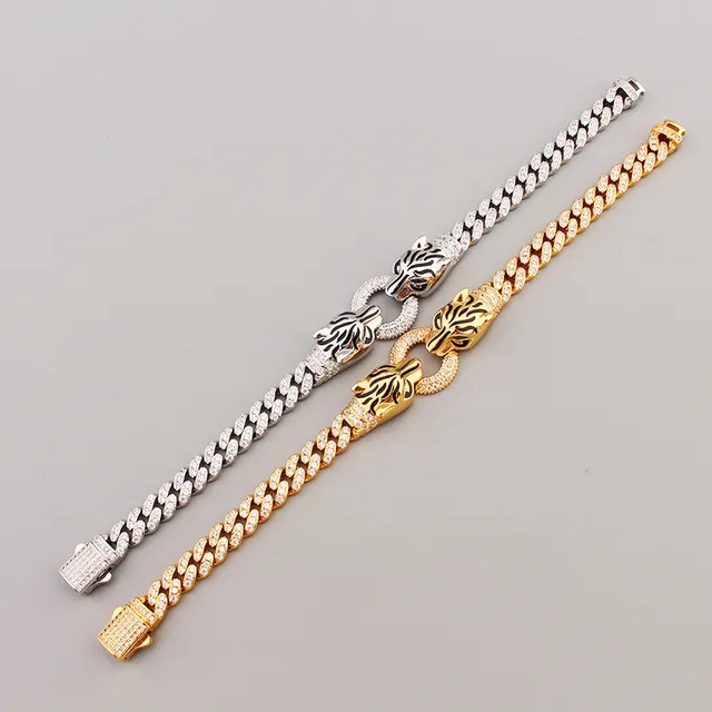 Silver Gold Curb-Link Chain Lion-Head Clasp Bracelet 8